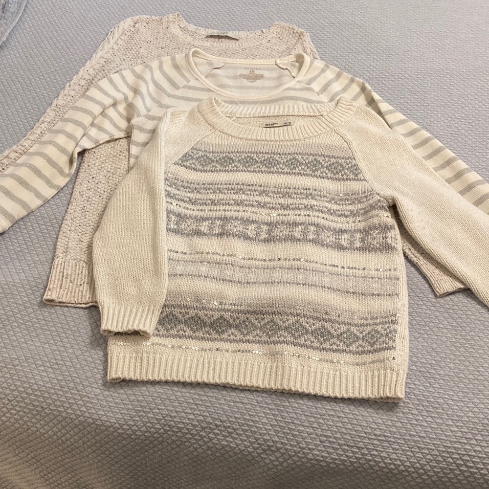 Three Casual Sweaters With A Little Holiday Sparkle Size M Cream Color Palette